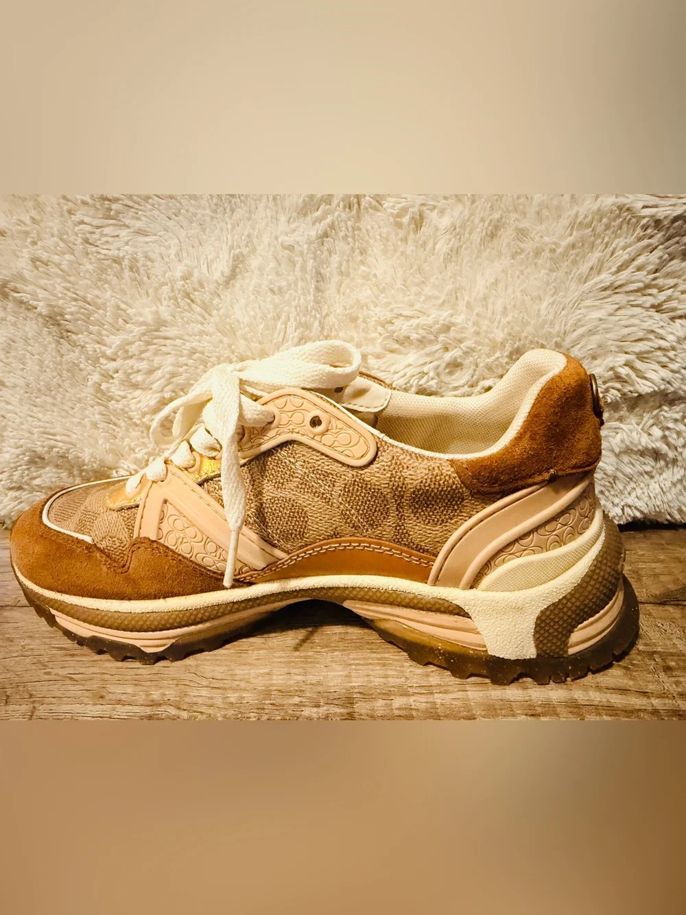 Coach Tan and Gold Monogram Sneakers